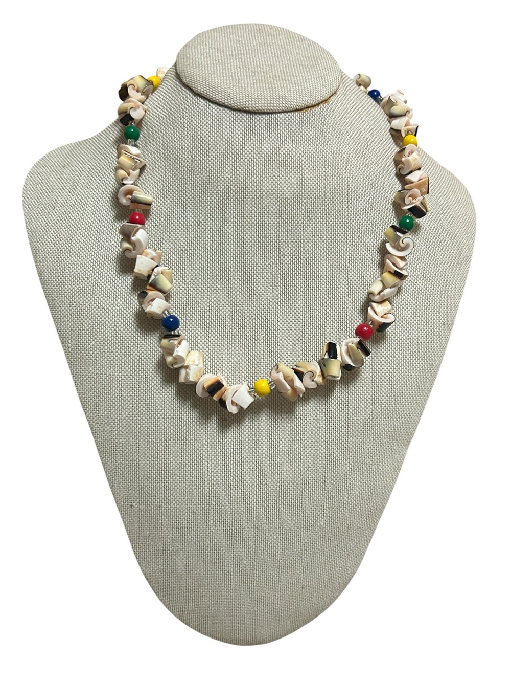 Vintage 16" Shell Chip Choker Necklace Colorful Bead Accents Barrel Clasp Boho